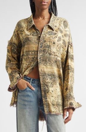 R13 Oversize Shredded Seam Drop Neck Button-Up Shirt in Khaki Bandana Black Overprint at Nordstrom, Size X-Large