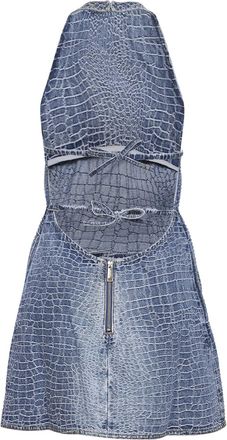 Self Portrait Womens Mini Dress Croc-Effect Denim Blue Polyester