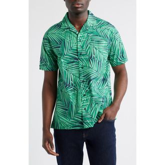 Brooks Brothers Regular Fit Palm Leaf Print Cotton Poplin Camp Shirt in Green/Navy at Nordstrom Rack, Size Xx-Large