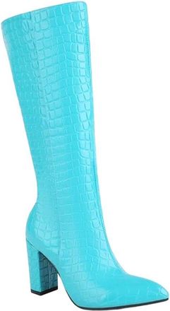 Generic Womens Plus Size Mesh Stone Grain Pointed Toe Chunky Heel Boots Striped Winter Warm Lining Knee