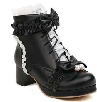 Generic Womens Lolita Ankle Boots with Lace-Up Design & Bow Detail - Chunky Heel for Cute Fashion and Comfortable,Black,5.5 UK