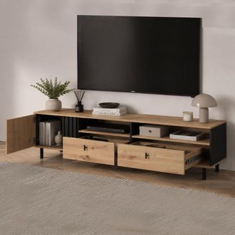 Dmora Mueble Para Tv Kalese, 2 Cajones, 3 Estantes, Una Puerta, 165x40x49h Cm Marr&oacute;n Roble Nodoso