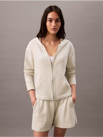 Calvin Klein Womens Icon Cotton Terry Zip Sleep Hoodie - Neutral - XS