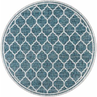 Jonathan Y Designs Trebol Moroccan Trellis Textured Weave Indoor/Outdoor Round Area Rug in Teal/gray at Nordstrom, Size 5Ft 0In X 5Ft 0In