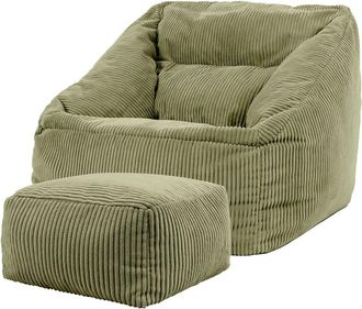 Icon Brand Puf sillón con reposapiés cuadrado en pana verde salvia