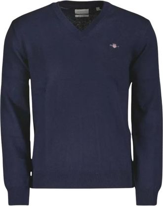 GANT Katoen Wol V-hals Trui - Heren - V-hals truien - Blauw - S - Katoen - Truien & Vesten