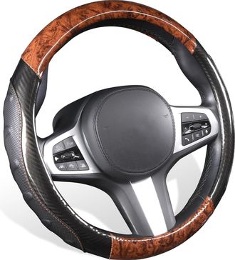 OEM Funda Universal Para Volante De Coche, 37-38 Cm, De Microfibra Con Textura De Madera, Antideslizante, Color Negro Y Marr&oacute;n