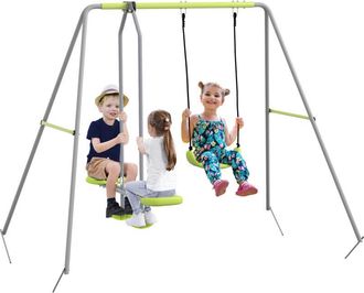 OUTSUNNY Columpio Para Ni&ntilde;os Columpio Jard&iacute;n Exterior Con 1 Columpio Simple 1 Planeador Y Anti-uv Carga 135 Kg 255x160x180 Cm Gris Y Verde