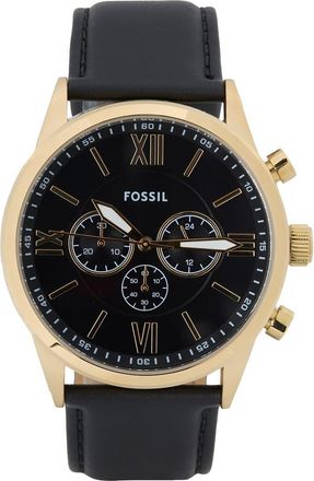 Fossil Flynn Leather Strap Chronograph Watch, 48mm in Black/Gold at Nordstrom Rack