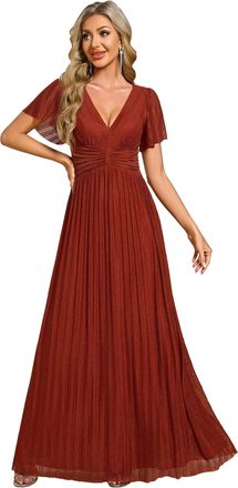 Ever-pretty Womens Glitter A Line V Neck Pleated Short Sleeve Evening Dress Burnt Orange 14UK