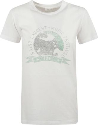 Saint Laurent Tops, Dames, Beige, XS, Katoen, Muziek Print T-shirts en Polos