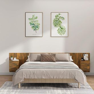 vidaXL Cabecero De Cama Y Mesitas Madera Contrachapada Roble Ahumado Vidaxl
