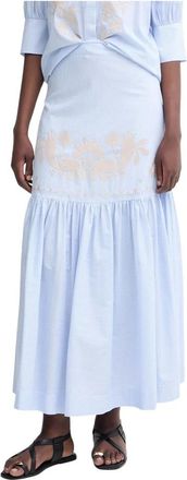 Twinset Lange gestreepte rok met volant en borduursel - Dames - Maxi Rokken - Blauw - XS - Katoen - Rokken