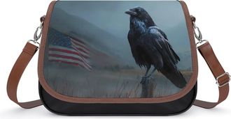 Generic Crow And U.S. Flag Crossbody Bag Womens Handbag PU Message Bags Shoulder Purse with Adjustable Strap