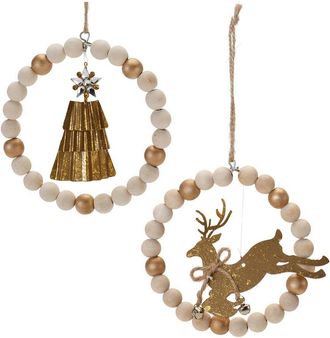 Melrose International Set Of 6 Beaded Wood Tree & Deer Ornament