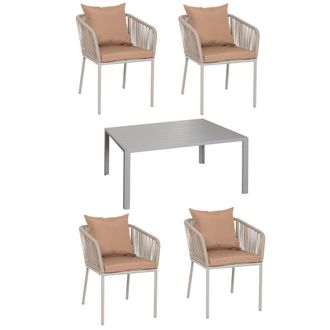 Hhg Nunca Usado] Set De Jard&iacute;n Hhg 616, Mesa+4xsilla, Aluminio Resistente A La Intemperie 140x80cm, Cuerda De Mimbre Rope, Gris Cojines Taupe