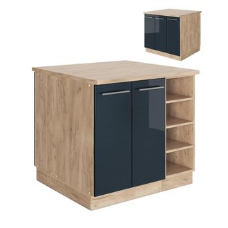 Vicco Isla De Cocina Fame-line, Azul Oscuro Alto Brillo/roble Dorado, 90 Cm Sin Encimera