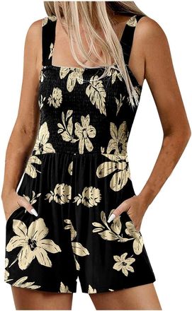 Generic Summer Playsuits Women Shorts All In One Jumpsuit Bandeau Romper Pockets Ladies Dungarees Floral Strappy Overall Office Work Wide Leg Summer Travel Ou