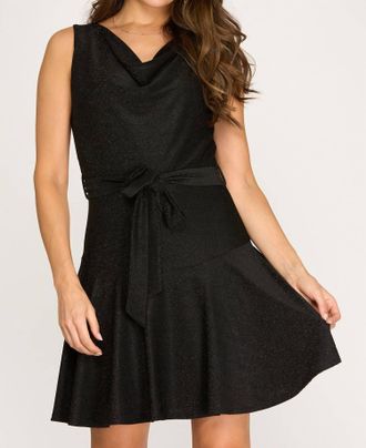 She + Sky Sleeveless Cowl Neck Lurex Flare Dress With Sash In Black