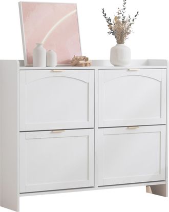 STILVORA Mueble Zapatero Con 4 Compartimentos Abatibles, Estante Abierto Y Encimera, Estilo Moderno, En Tablero De Part&iacute;culas, Blanco, 110&times;24&times;90 Cm