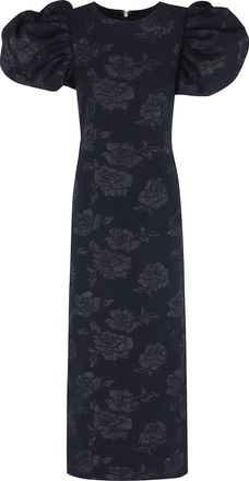 Rotate Dark Blue Jacquard Puff Sleeve Floral Polyester Midi Dress