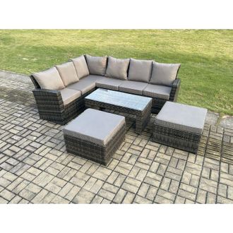 Fimous Outdoor Furniture Garden Dining Set Rattan Corner Sofa Set with 2 Big Footstool Dark Grey Mixed - Fimous