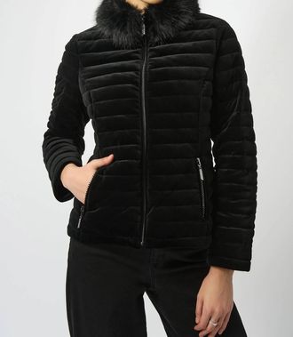 Joseph Ribkoff Velvet Faux Fur Puffer Jacket In Black