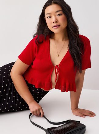 Twik Womens Ruffled-trim tie-front cropped Cardigan Sweater