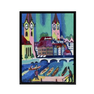 Artery8 Zurich Colourful Cityscape Kirchner Black Framed Canvas Wall Art Print | Size: W24 x H32