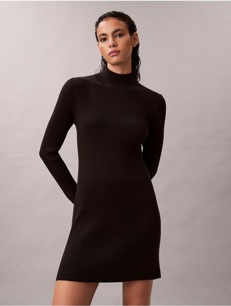 Calvin Klein Womens Smooth Cotton Rib Turtleneck Mini Dress - Black - XS