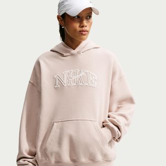 Nike Womens Studio Fleece Medium Weight Oversized Pullover Logo Hoodie in Brown | IM9830-236