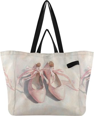 Generic Ballet Ribbon Pink print Reusable Canvas Tote Bag, Heavy Duty Grocery Shopping Bag with Large Capacity Hard Bottom Double Handles Work Groceries Trave