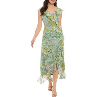 London Times Ruffle Faux Wrap Maxi Dress in Aqua/Green at Nordstrom Rack, Size 4