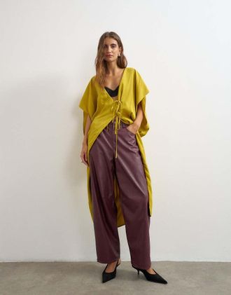 Topshop pantaloni a gamba bombata in pelle sintetica color fico-Rosso