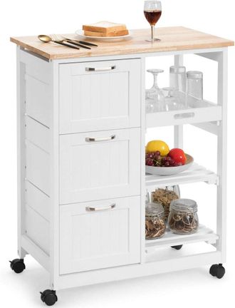 Costway Carro De Cocina Con Ruedas Carrito Auxiliar De Madera Carro De Servicio Multiuso Con Estantes Y Caj&oacute;n (blanco) - Costway