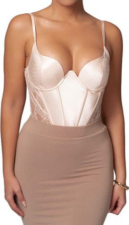 JLUXLABEL Incomparable Lace Inset Satin Bodysuit in Beige at Nordstrom, Size X-Small