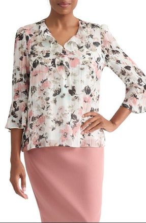 Kasper Floral Print Metallic Ruffle Top in Vanilla Ice Multi at Nordstrom, Size X-Large P