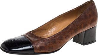 Casadei Brown Embossed Leather And Black Patent Cap Toe Pumps