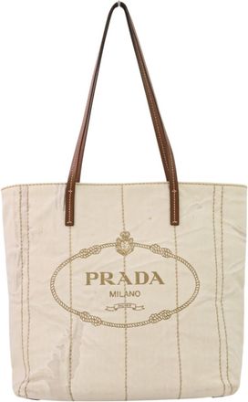 Prada Brown Off-White Coated Canvas Tote Bag (Pre-Owned)