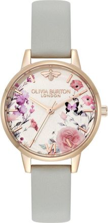 Olivia Burton Illustrated Floral Leather Strap Watch, 30mm in Ivory/grey at Nordstrom