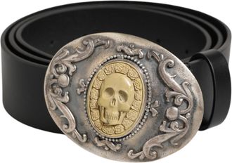 Dolce & Gabbana Black Leather Ornate Metal Buckle Men Belt 100lf