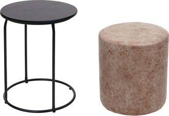 Hhg Conjunto De Taburete Y Mesita Auxiliar Hhg-410, Mesita De Caf&eacute; Y Taburete, Con Certificaci&oacute;n Mvg, Mdf, Metal Y Cuero Sint&eacute;tico, Marr&oacute;n