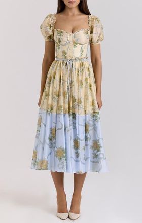 House of CB Penelope Floral Puff Sleeve Corset Chiffon Midi Dress in Yellow Rose Print at Nordstrom, Size X-Large A