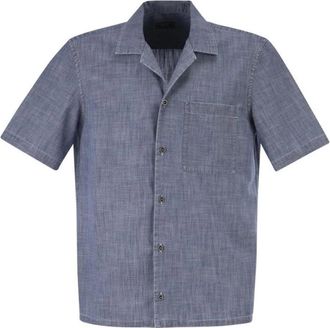 PESERICO Heren Korte Mouw Shirt met Camp Collar - Heren - Korte mouwen Overhemden - Blauw - S - Katoen - Overhemden