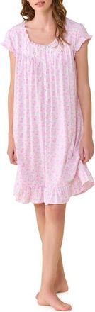 Eileen West Floral Cap Sleeve Short Cotton Jersey Nightgown in White/pink at Nordstrom, Size Medium