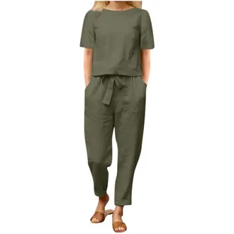 Generic 2 Piece Outfits Linen Co Ords Sets Womens Summer Tracksuits Loose Fit-Round Neck Short Sleeve T-Shirt Solid Cotton Linen Tops and Pants Casual Trouser