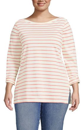 Lands End Plus Size Supima Cotton Adjustable 3/4 Sleeve Boatneck Tunic in Ivory/peach Breton Stripe at Nordstrom, Size 1X