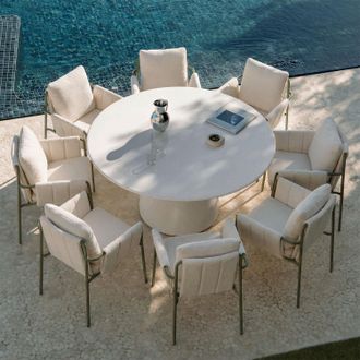 Sklum Set De Mesa Redonda &Oslash;150 Cm En Cemento Numira Y 8 Sillas De Jard&iacute;n Con Reposabrazos Tapizadas Y En Acero Zunika Sklum