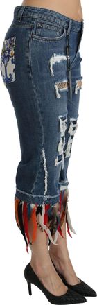 Dolce & Gabbana Womens Blue Feathers Low Waist Cropped Cotton Jeans Silk Elastane Clothing
