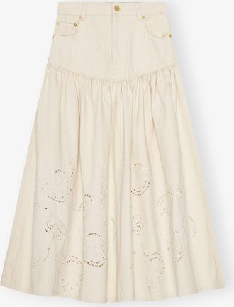 Ganni White Broderie Anglaise Denim Skirt - Size 40 Cotton